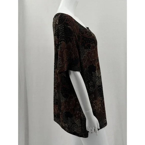 White Stag Top Womens 4X Brown Floral Stretch Boho Mature Travel Short Sleeve - Picture 3 of 9